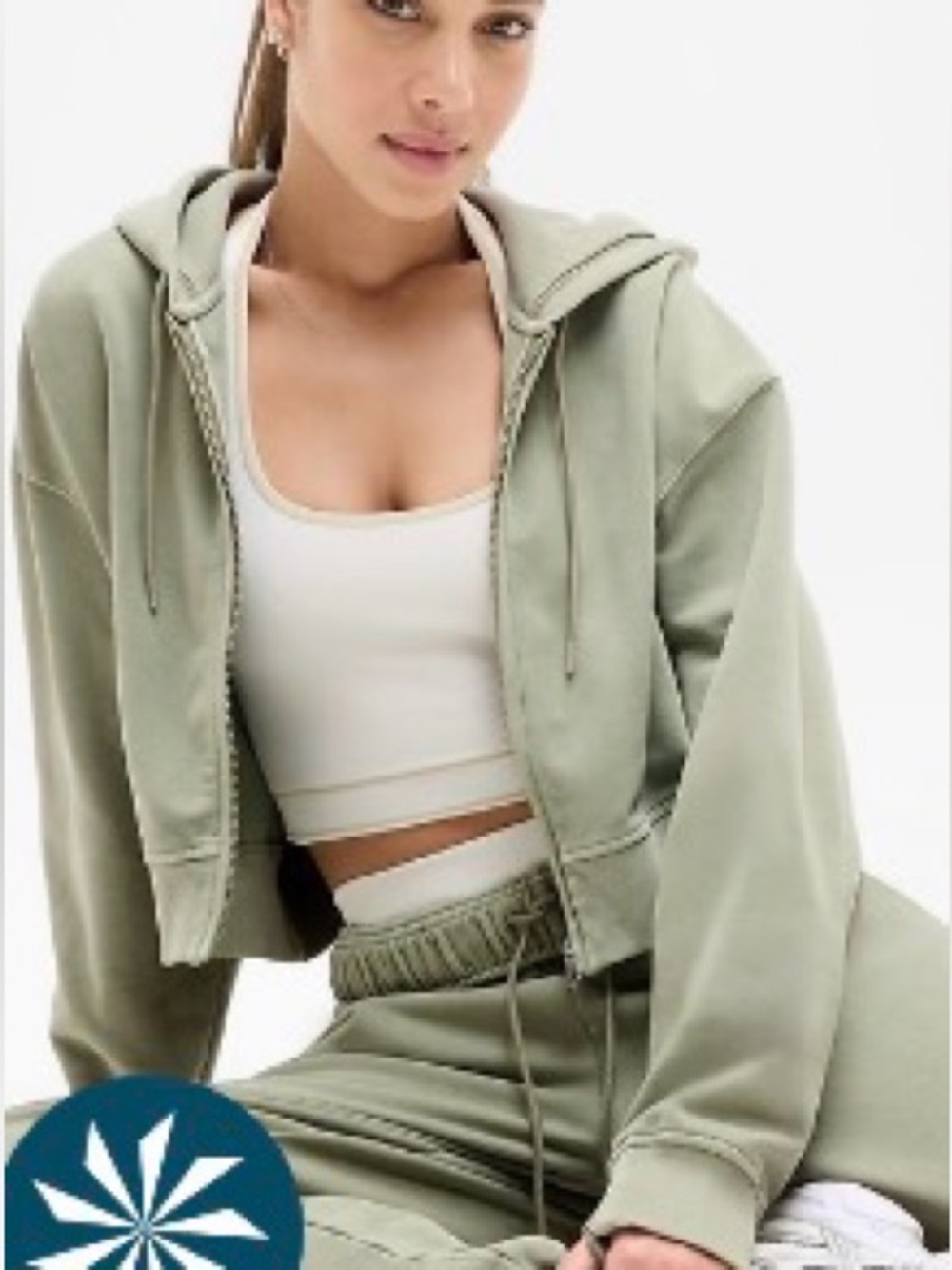 Athleta Forever Fleece Cropped Sage Green Zip Hoodie Size Medium